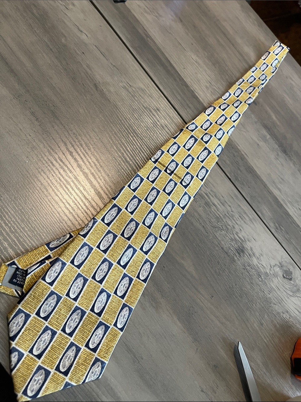#A005 Stafford Gold and Navy Checker Oval Silk Tie